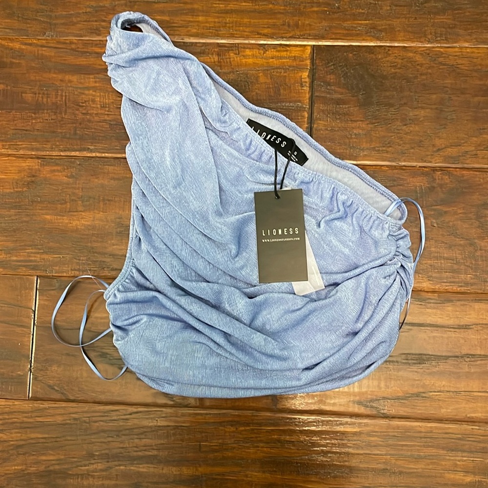 Princess Polly One Shoulder Shimmer Blue Crop Top